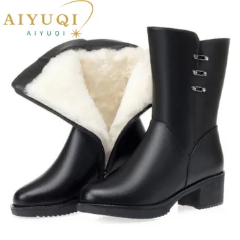 AIYUQI, ženske zimske čizme, kaput, novo 2023 godine, ženske zimske čizme od prave kože srednje visine, ženske zimske čizme velike veličine u prosjeku petu