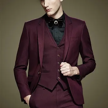 Bordo sako na jedan preklopni s nazubljenom лацканом + hlače + prsluk, moderan muško odijelo Terno, elegantna muška odijela, službeni lijep