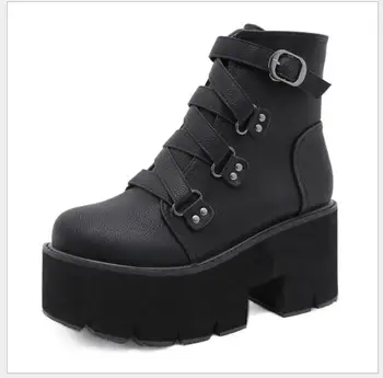 Nova ženska obuća, čizme na debelom visokim petama, Žene jesensko-zimskih Modnih Crne cipele na čipka-up, sportski ženske cipele na platforme i potpetice