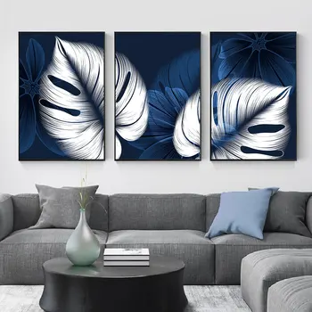 Sažetak plavo-bijeli plakati s lišćem, print, moderan dom dekor, slika, zidnih umjetnost, platno, slikarstvo, dekor u skandinavskom stilu za dnevni boravak, Cuadros